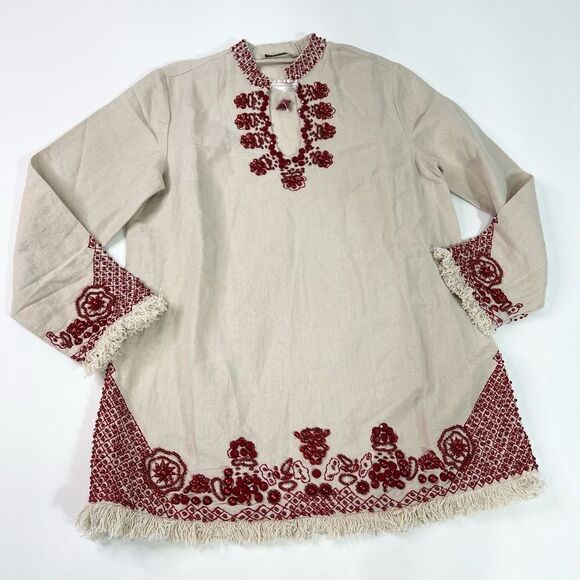 Soft Surroundings Sahara Tunic Womens Small Red Beaded Fringe Hem Linen Blend - Picture 1 of 11